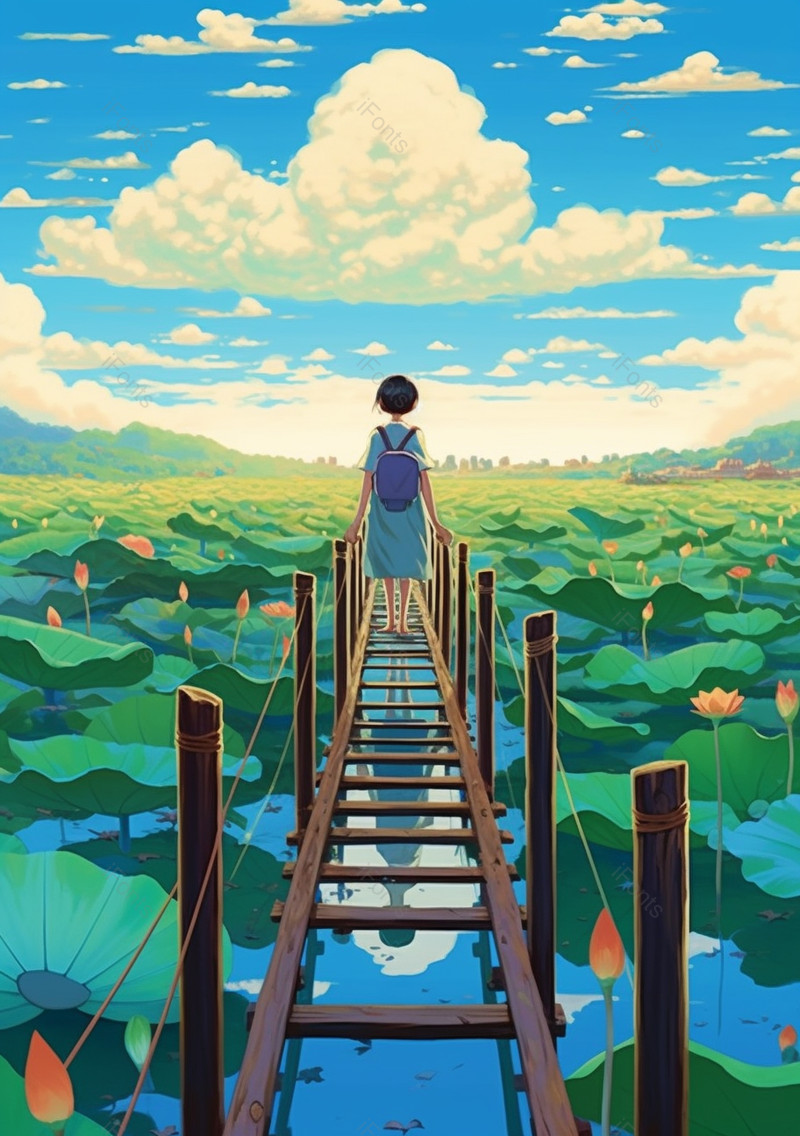 夏天荷塘女生人物插画背景,插画/手绘图,插画/手绘图库,插画/手绘图下载,插画/手绘